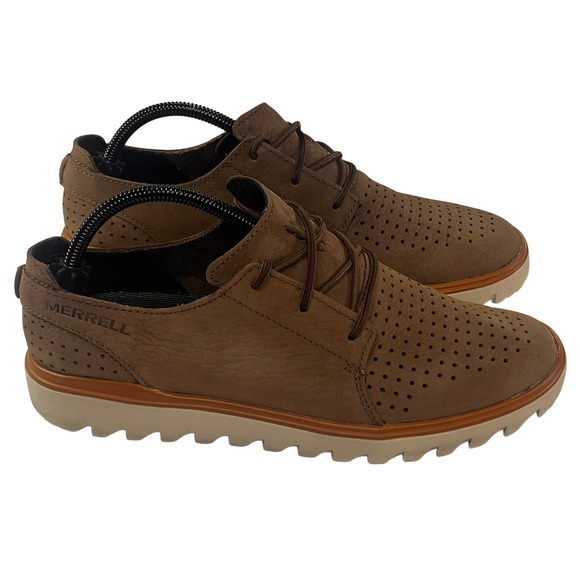 Merrell Downtown Shoe Mens 9 Stone Brown Leather Perforated Casual Light Sneaker - Picture 2 of 12